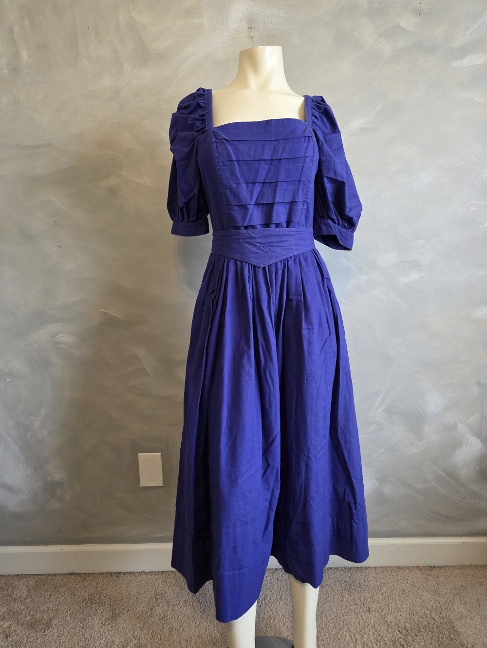 Vtg Blue Laura Ashley Open Back Victorian Puff Sleeves Tea Dress Cotton 12